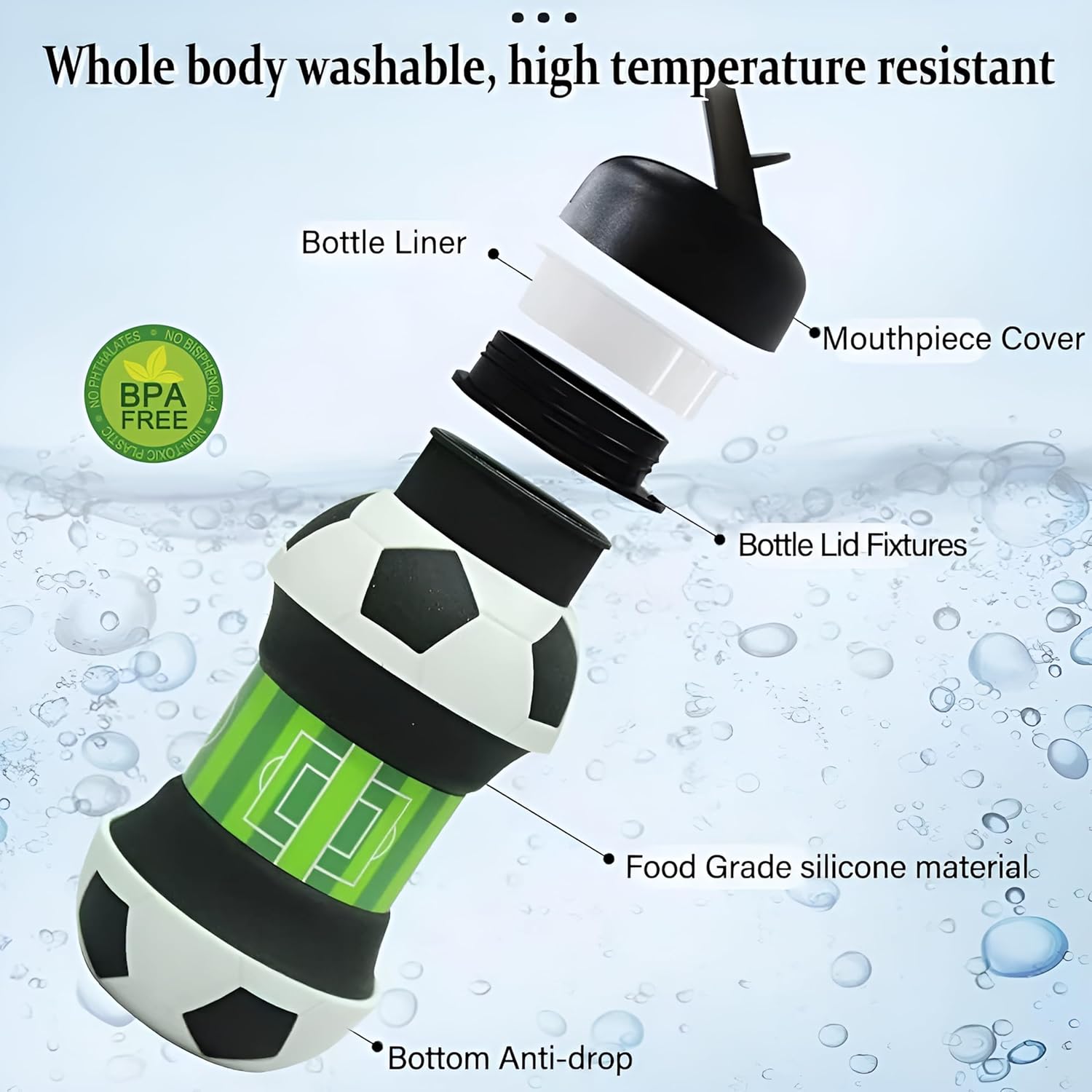 FootBall Collapsible Expandable Silicone Bottle for Kids 550ml